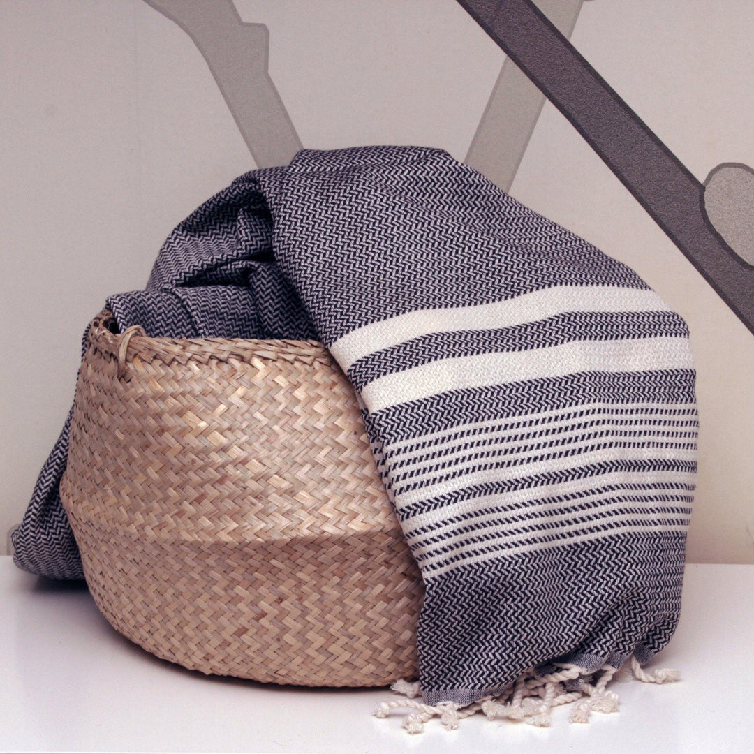 hamamdoek turkish towel tricolor herringbone black n white styling basket